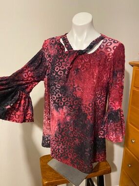Ruby Rd. Red and Black Patterned Tie-Neck Blouse